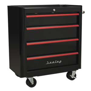 Rollcab 4 Drawer Retro Style- Black with Red Anodised Drawer Pulls